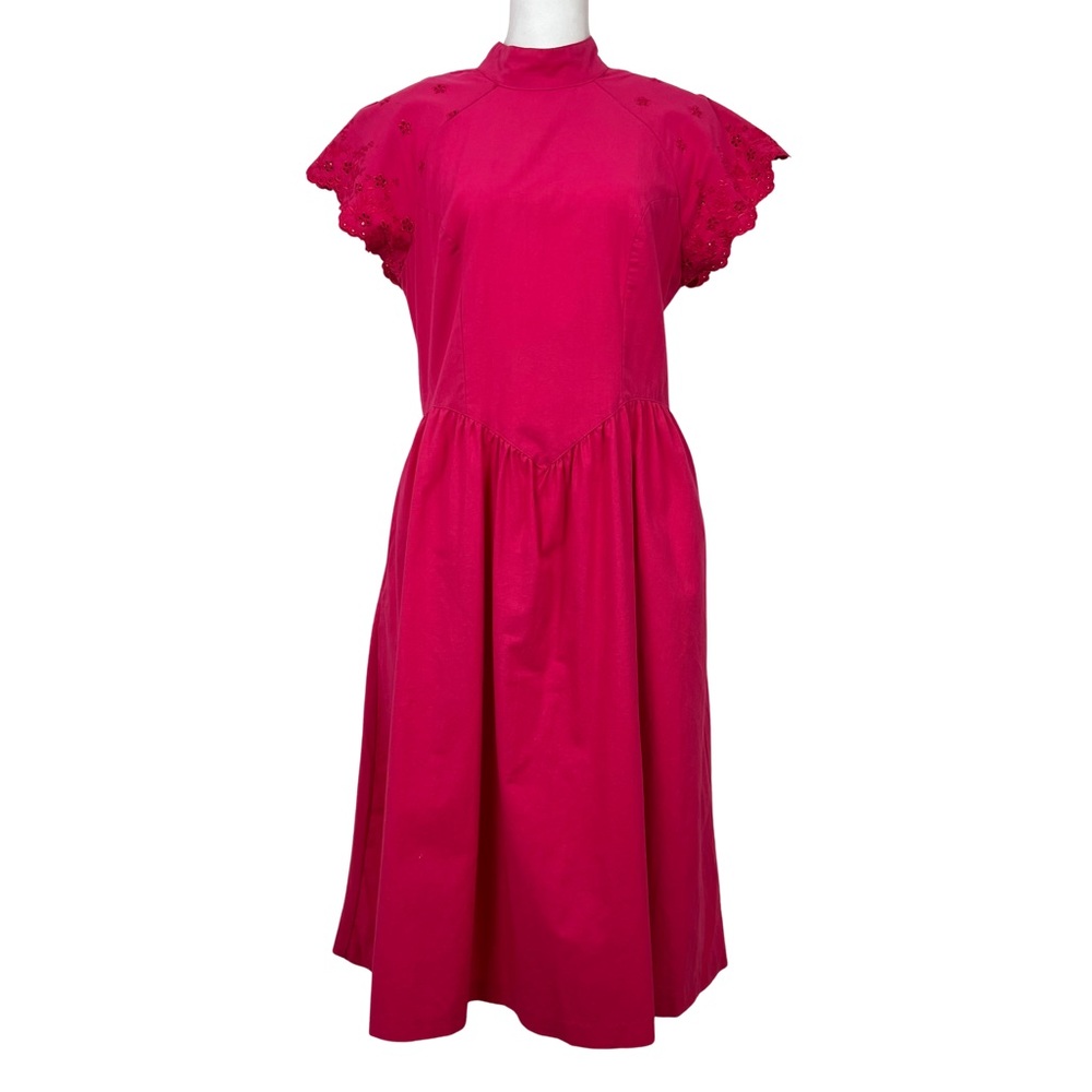 Vintage Impromptu Bright Pink 80s Cotton Open Back Midi A-Line Dress Size Medium